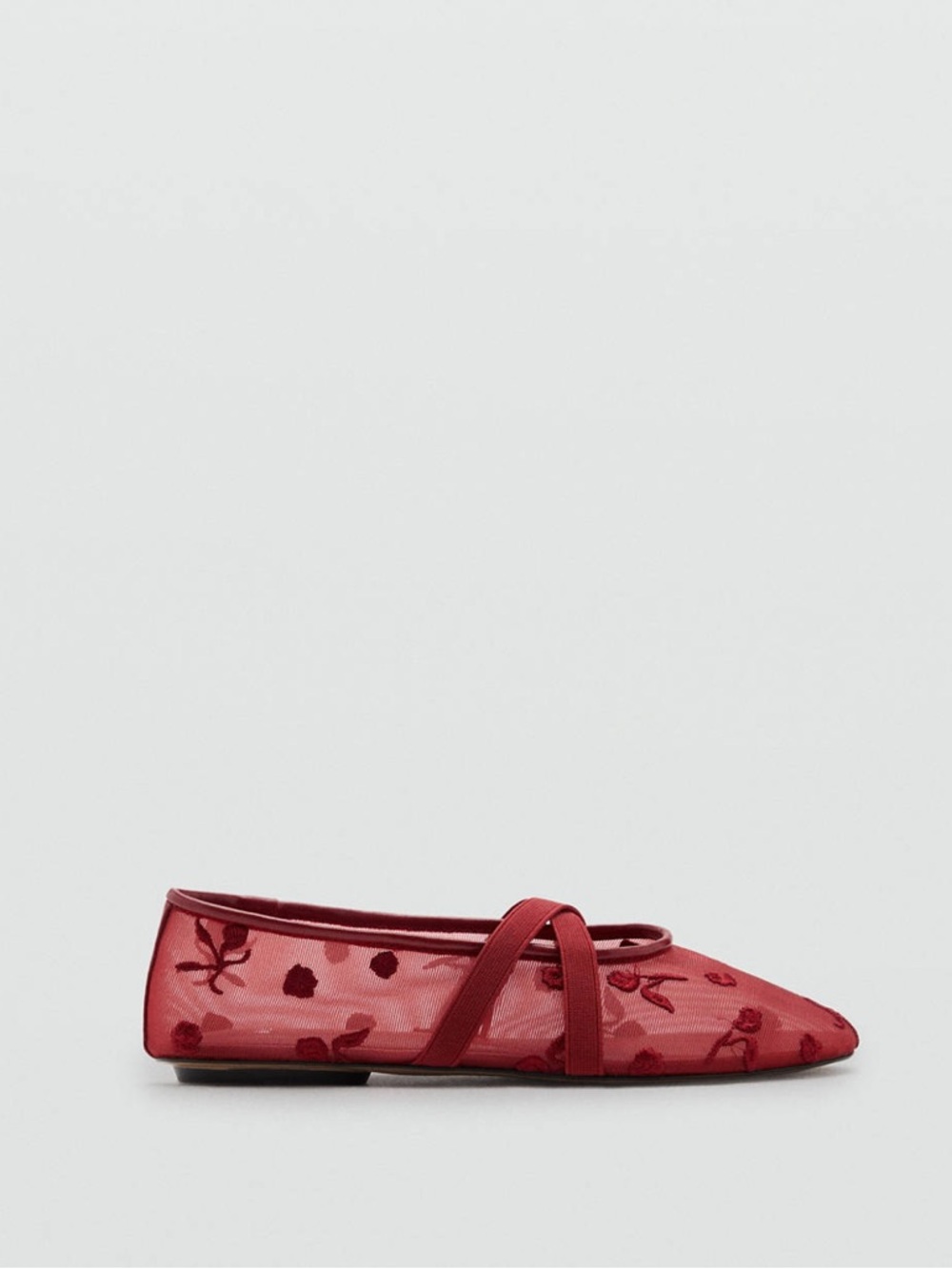Mango Ballet Flats with Cross Straps Embroidered Flowers Red Mesh Euro 37 US 6.5